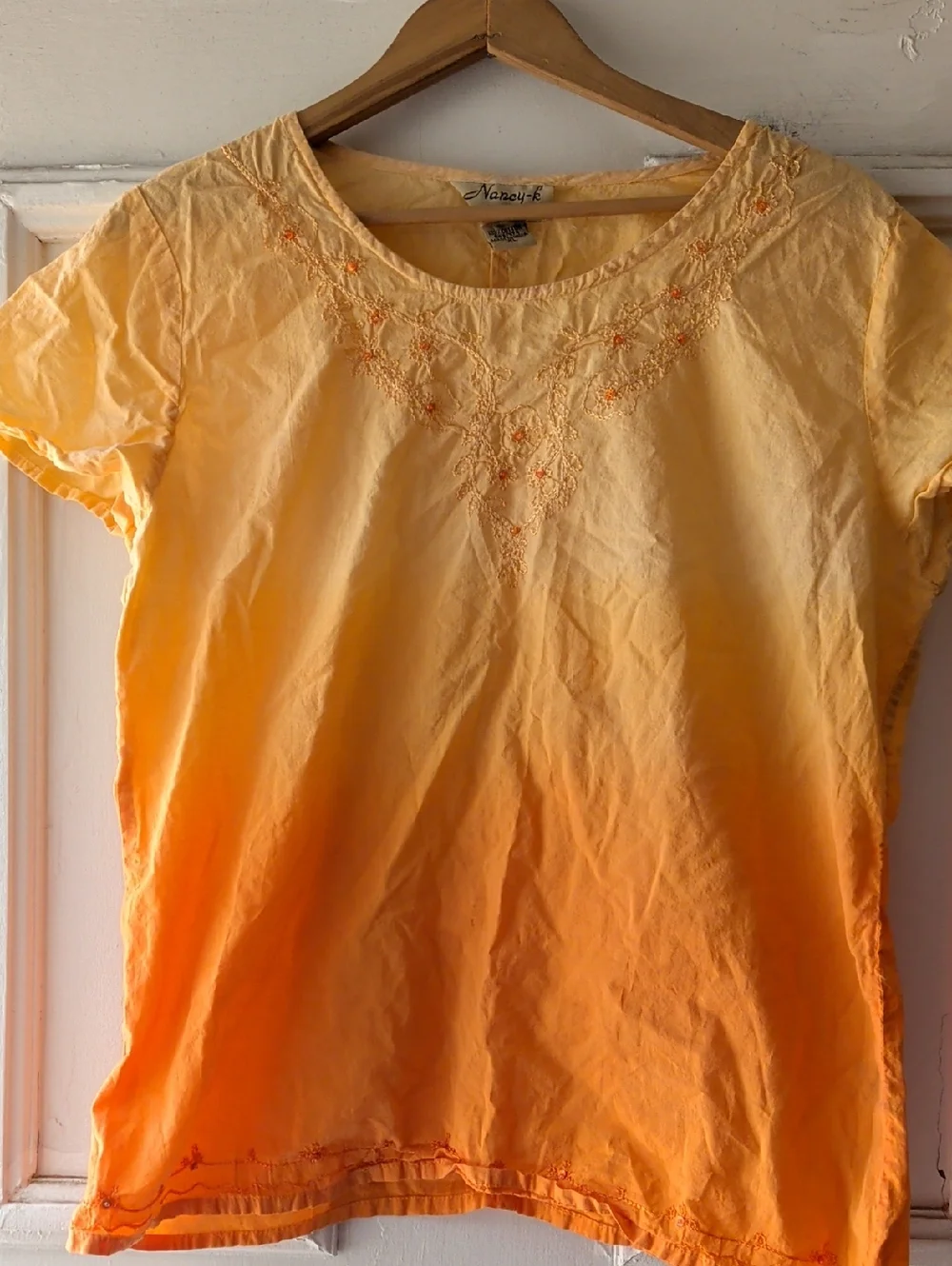 Yellow to Orange Ombre Embroidered Short Sleeve Tee 100% Cotton